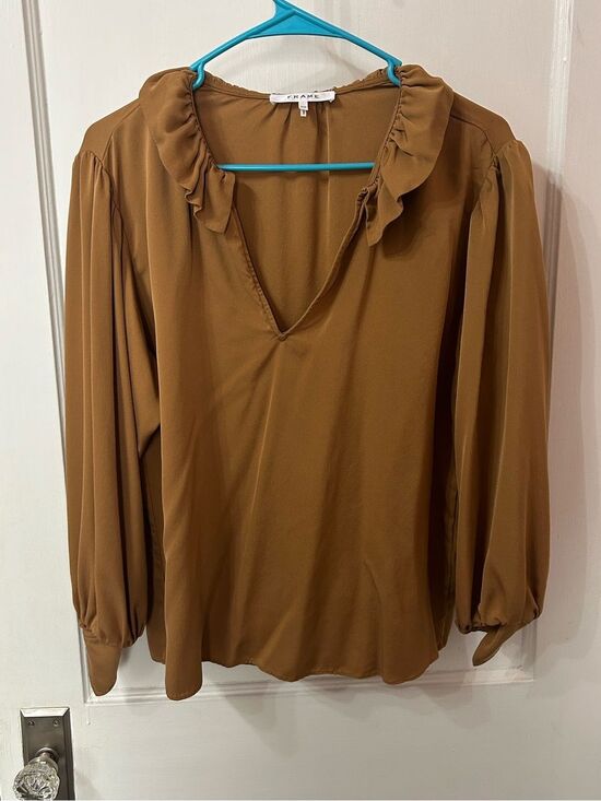 Frame Denim Tops - Frame Denim Ruffle V-Neck Blouse in Caramel Brown 100% silk